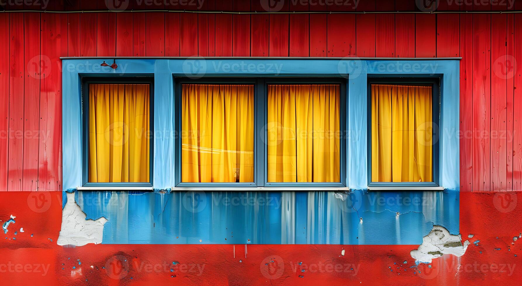 A minimalist illustration of window on the exterior of a building and a wall that plays with bold color contrast. between yellow blue and red Suitable for attracting attention, Communicate a message. photo