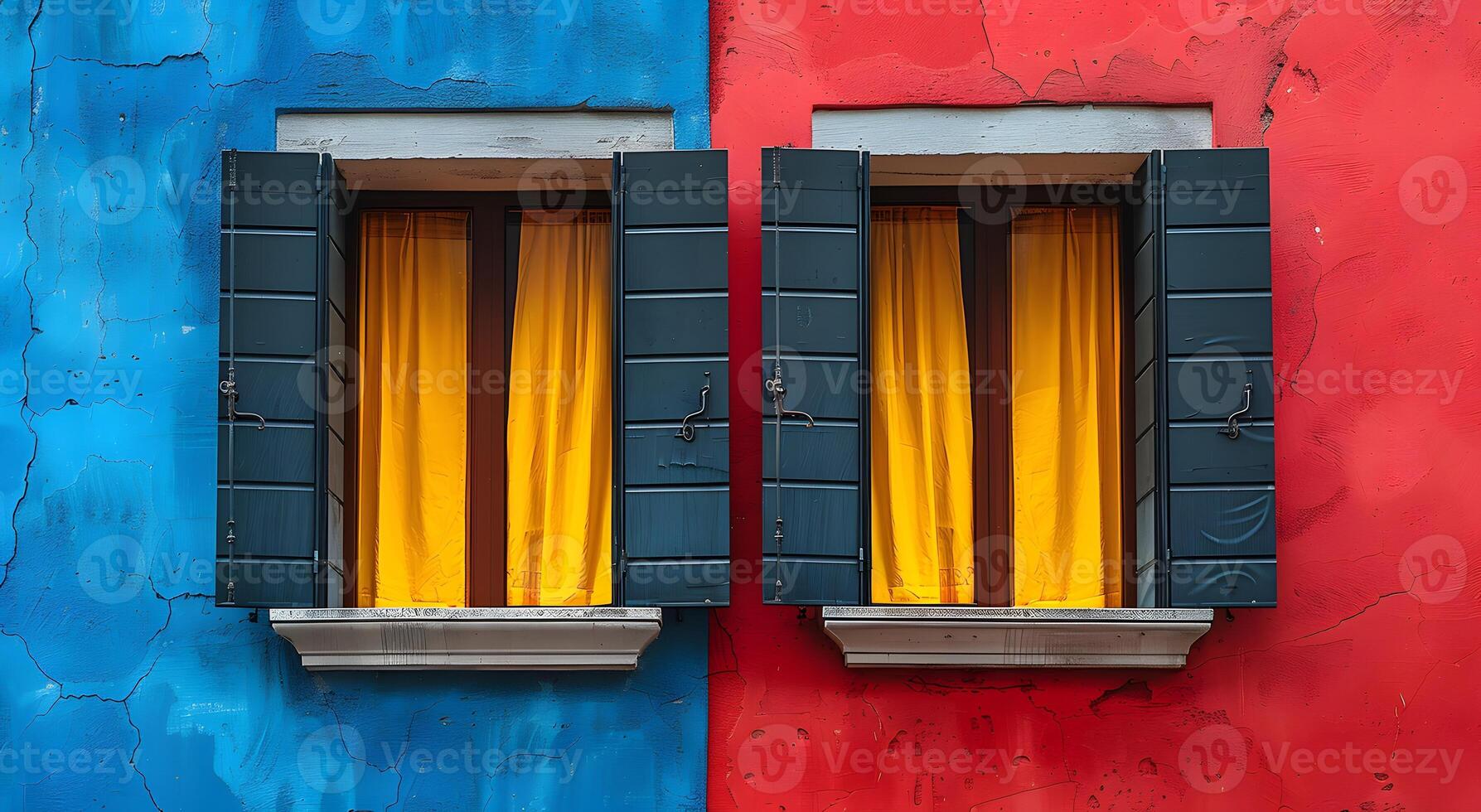 A minimalist illustration of window on the exterior of a building and a wall that plays with bold color contrast. between yellow blue and red Suitable for attracting attention, Communicate a message. photo