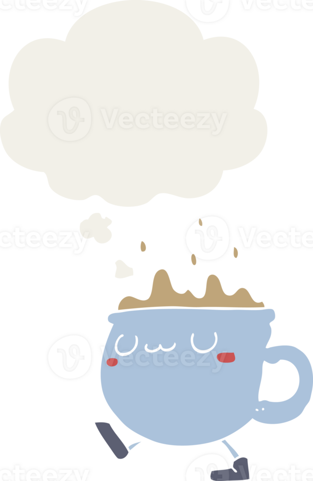 cartoon coffee cup walking with thought bubble in retro style png