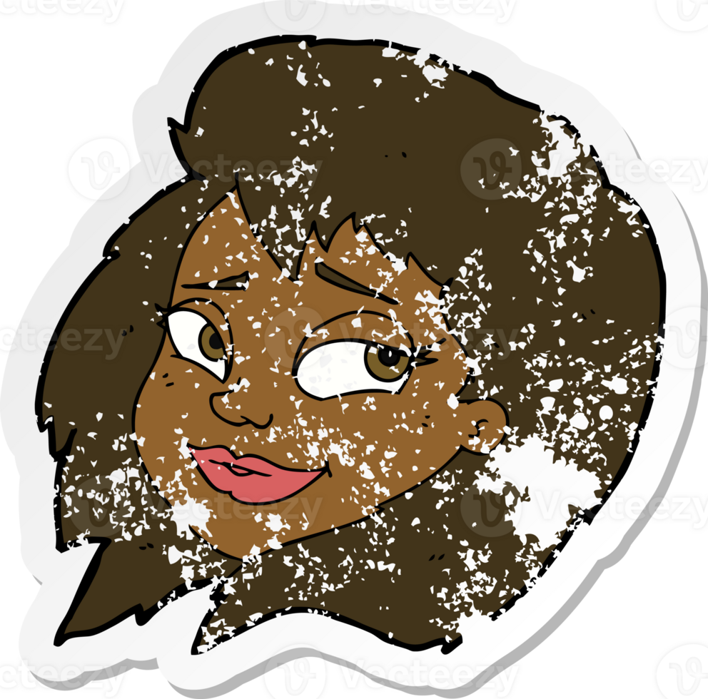 retro distressed sticker of a cartoon happy female face png