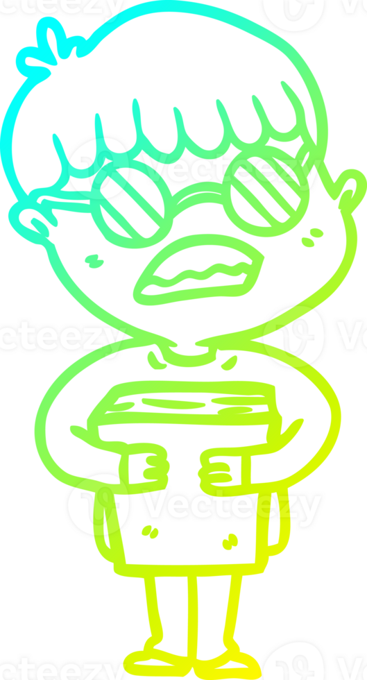 cold gradient line drawing of a cartoon boy hugging book wearing spectacles png