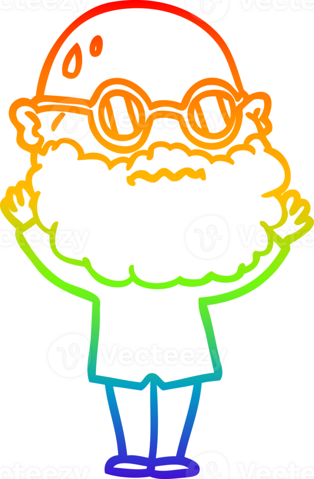 rainbow gradient line drawing of a cartoon worried man with beard and spectacles png