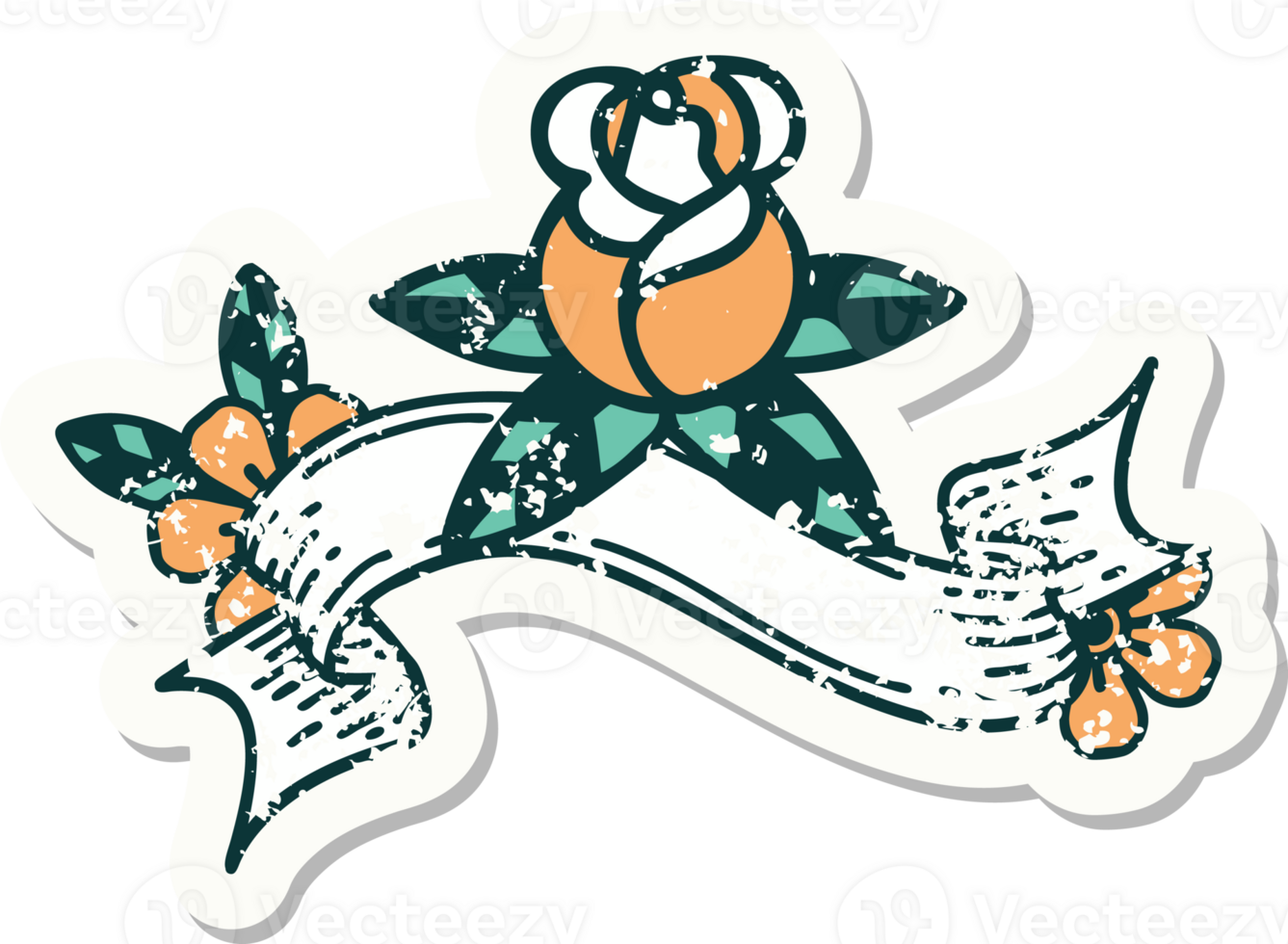 worn old sticker with banner of a single rose png