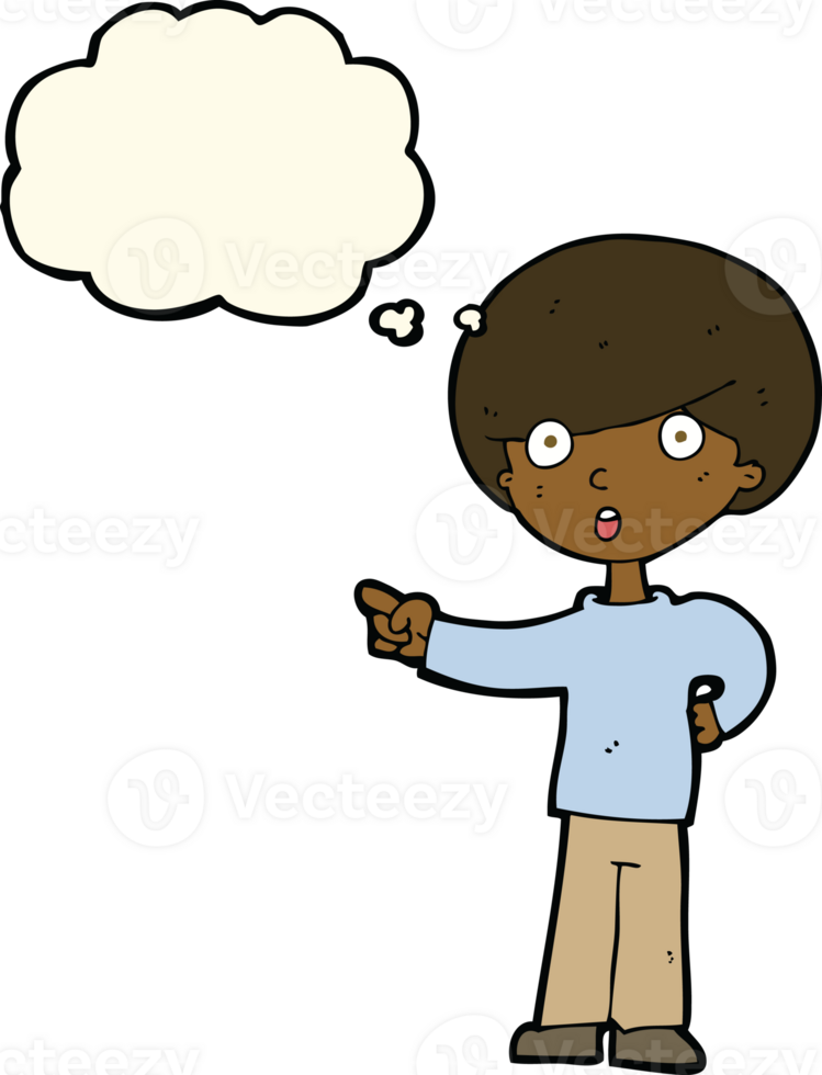 cartoon pointing boy with thought bubble png