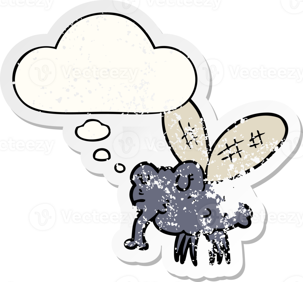 cartoon fly with thought bubble as a distressed worn sticker png