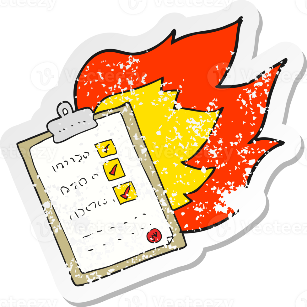 retro distressed sticker of a cartoon checklist burning png