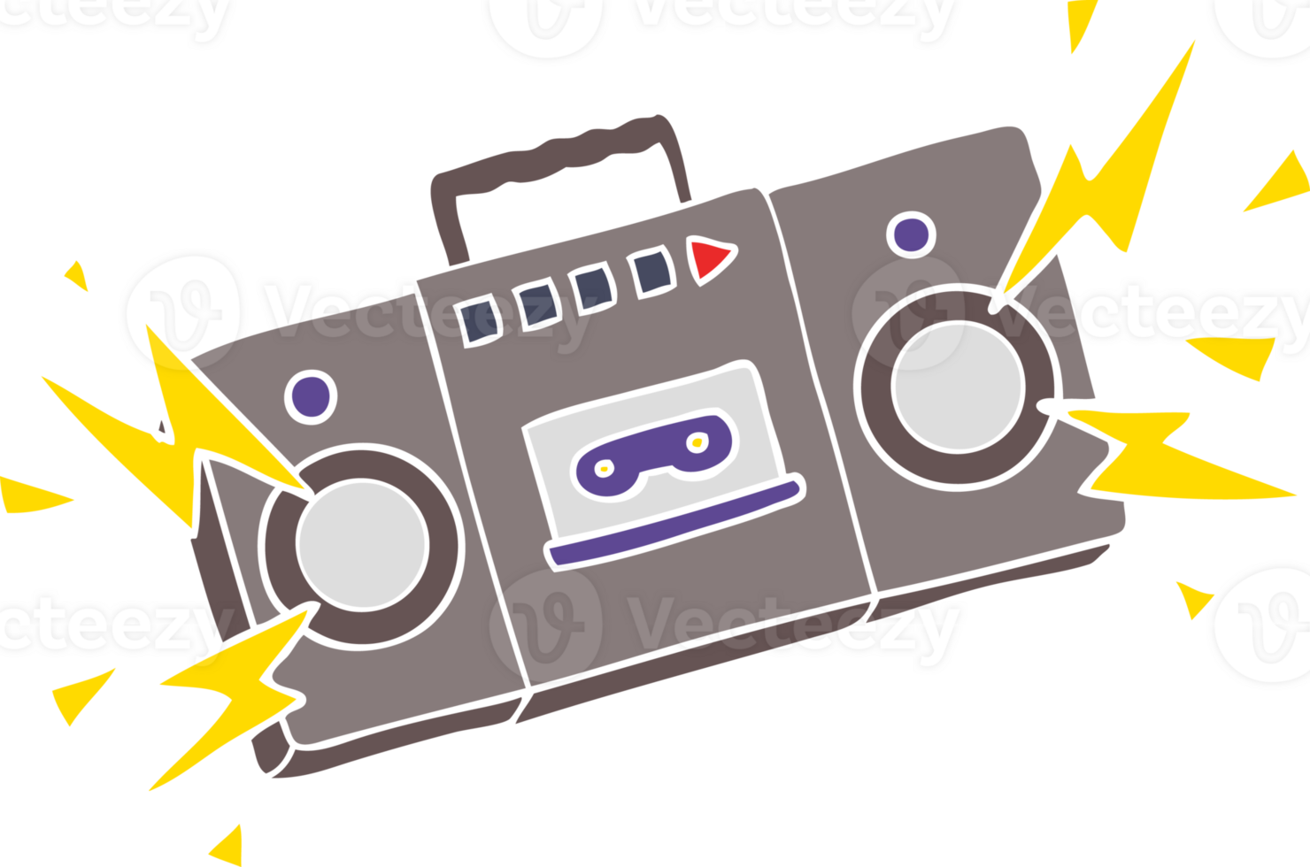 retro flat color style cartoon tape cassette player blasting out old rock tunes png