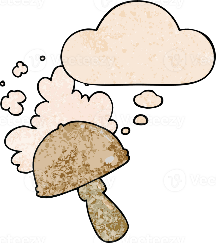 cartoon mushroom with spore cloud with thought bubble in grunge texture style png