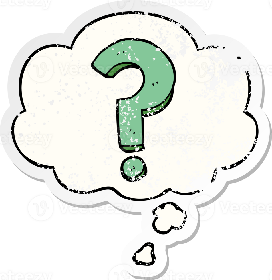 cartoon question mark with thought bubble as a distressed worn sticker png