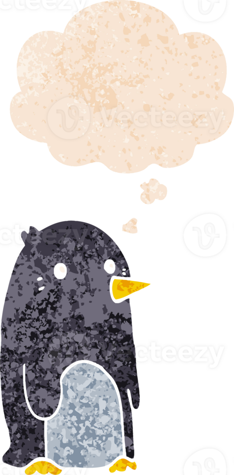 cartoon penguin with thought bubble in grunge distressed retro textured style png