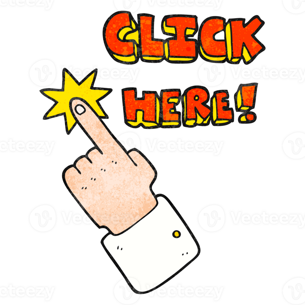 hand textured cartoon click here sign with finger png