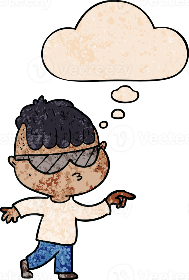 cartoon boy wearing sunglasses pointing with thought bubble in grunge texture style png