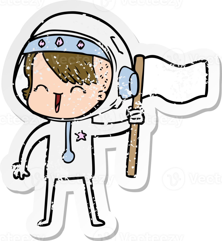 distressed sticker of a happy cartoon space girl holding flag png