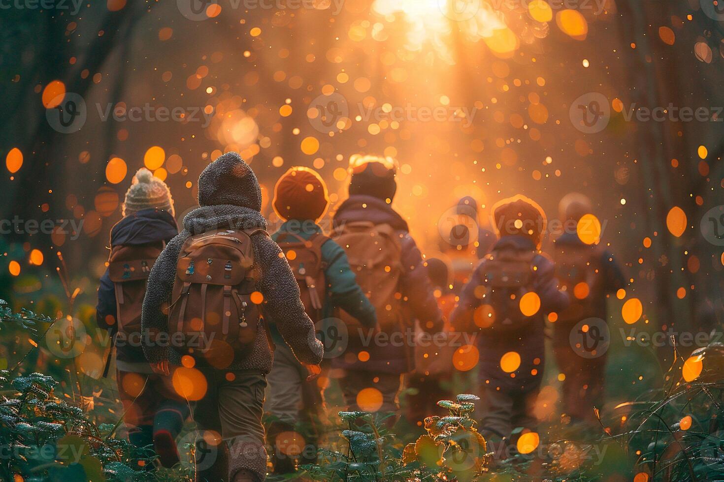 Group of children hunting for leprechauns and pots of gold at the end of the rainbow in a whimsical forest setting photo