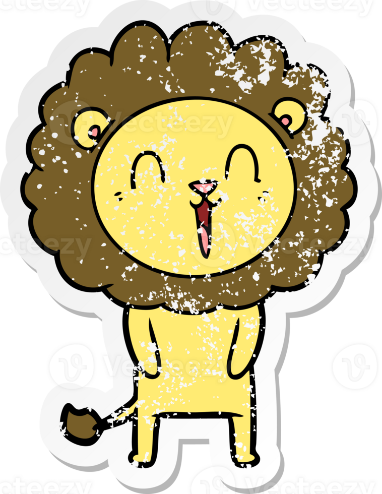 distressed sticker of a laughing lion cartoon png