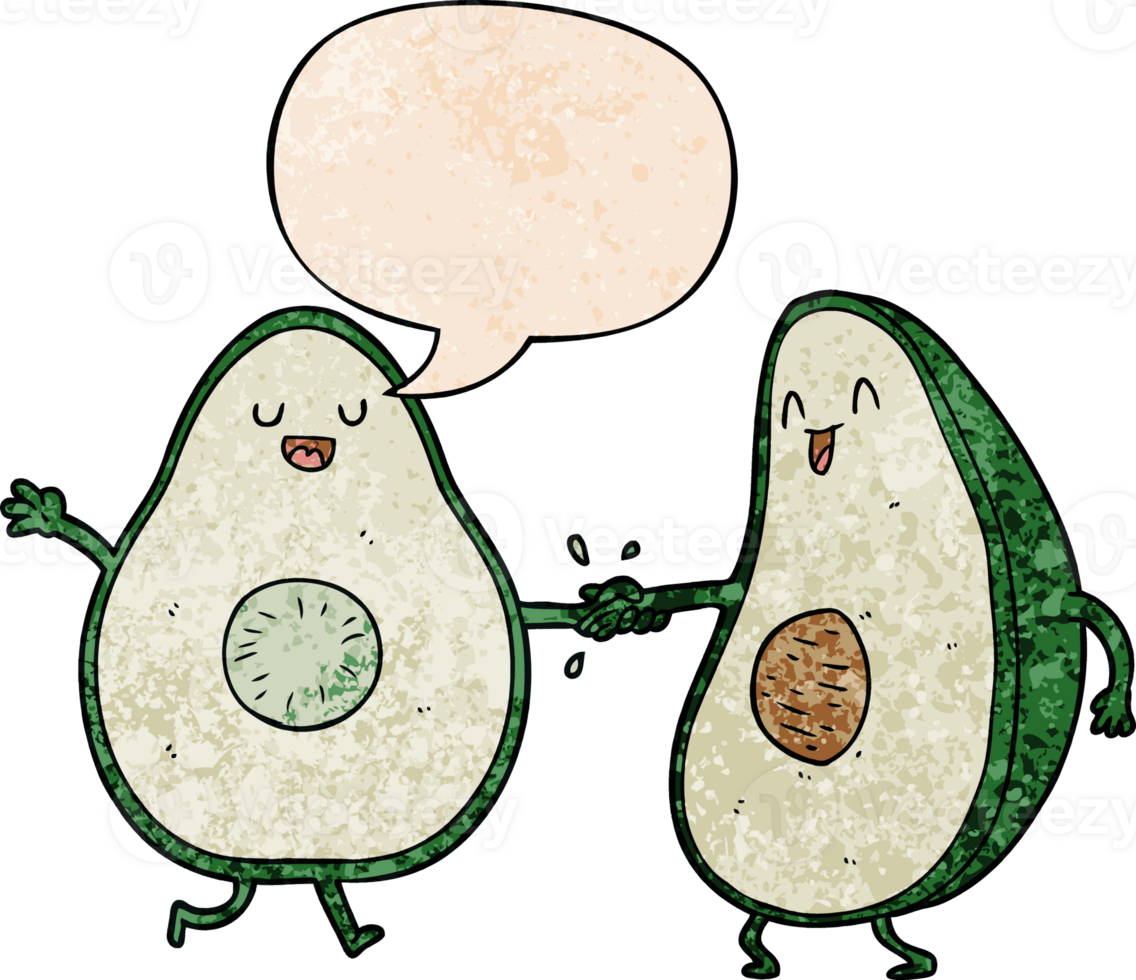 cartoon dancing avocados with speech bubble in retro texture style png