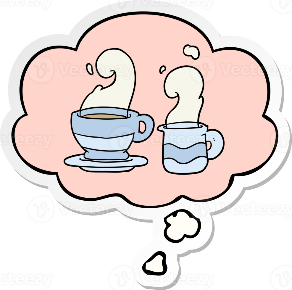 cartoon cup of coffee with thought bubble as a printed sticker png