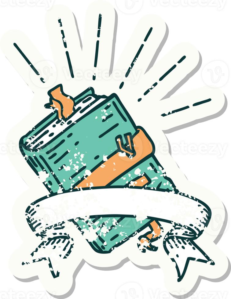 worn old sticker of a tattoo style old bound notebook png
