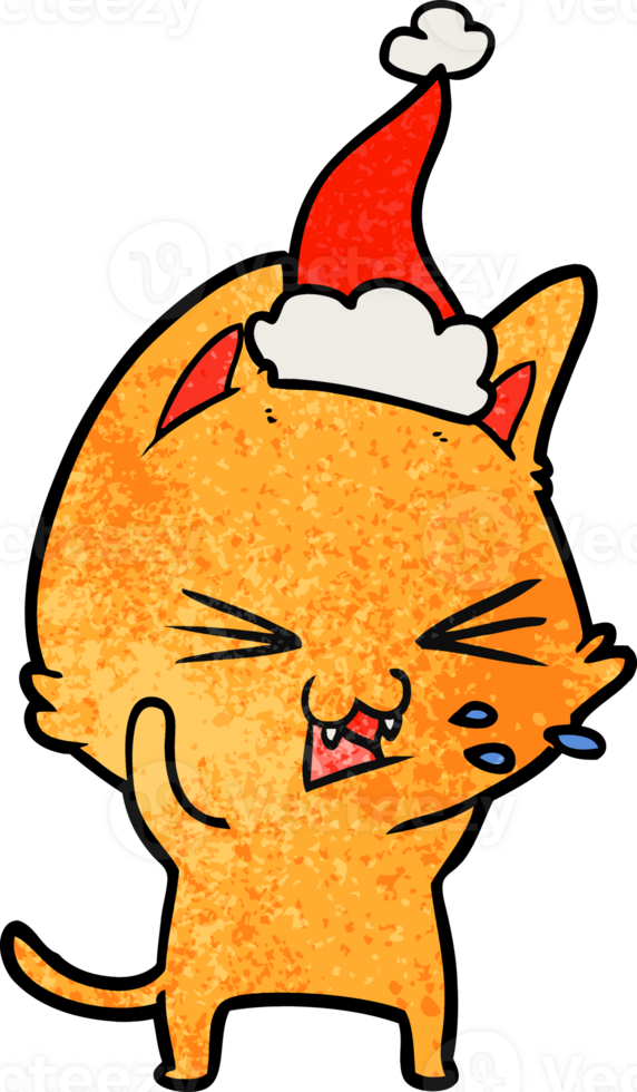 hand drawn textured cartoon of a cat hissing wearing santa hat png