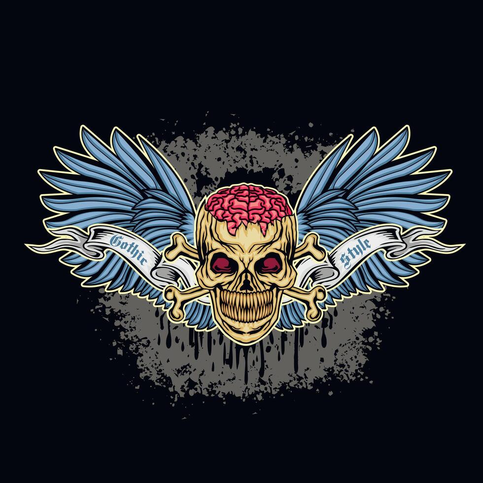 Gothic sign with skull and wings, grunge vintage design t shirts vector