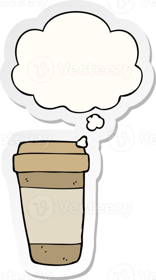 cartoon coffee cup with thought bubble as a printed sticker png