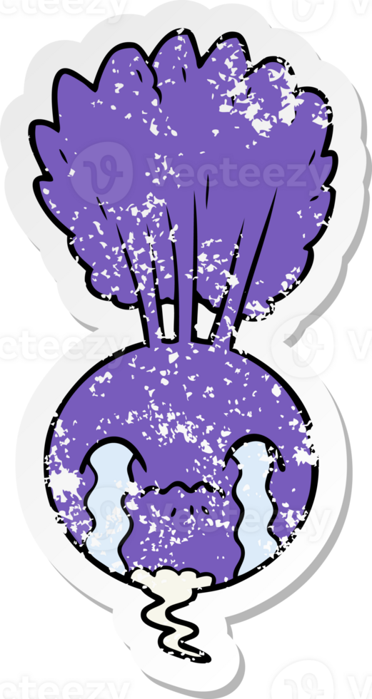 distressed sticker of a crying beet cartoon png