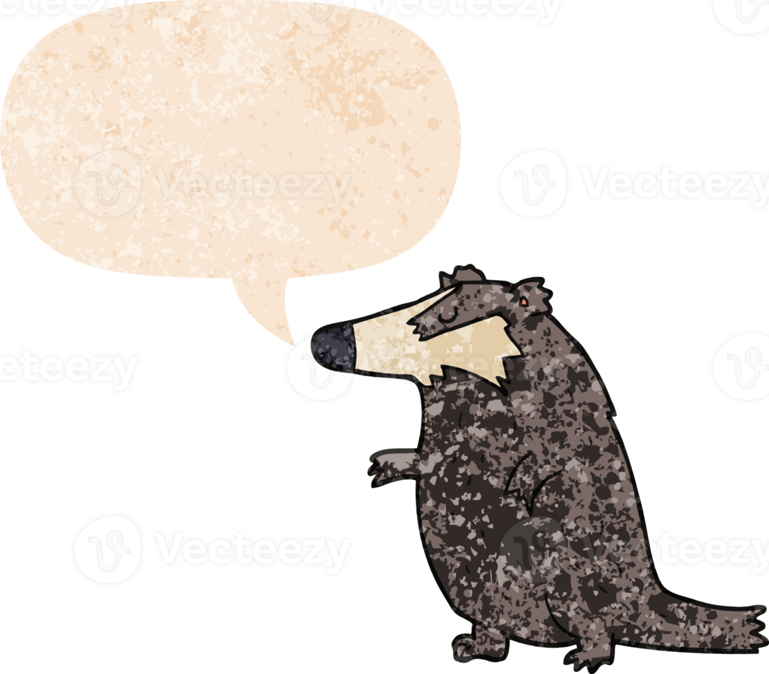 cartoon badger with speech bubble in grunge distressed retro textured style png
