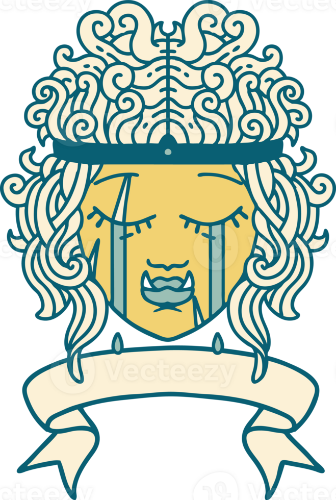 Retro Tattoo Style crying orc barbarian character face with banner png