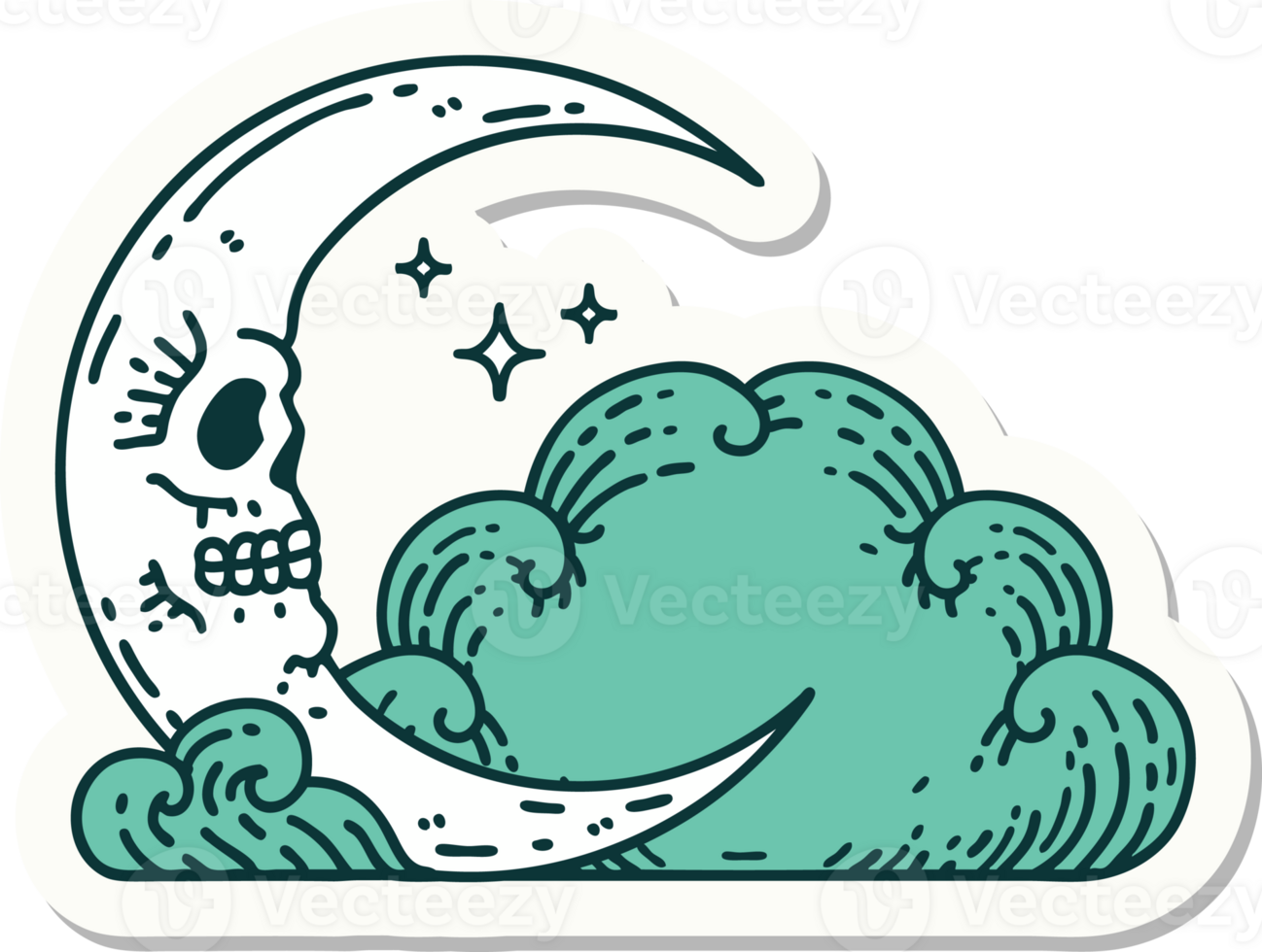 sticker of tattoo in traditional style of a skull crescent moon and clouds png