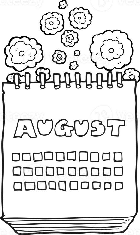 hand drawn black and white cartoon calendar showing month of august png