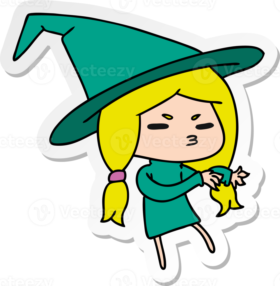sticker cartoon illustration of a cute witch kawaii girl png