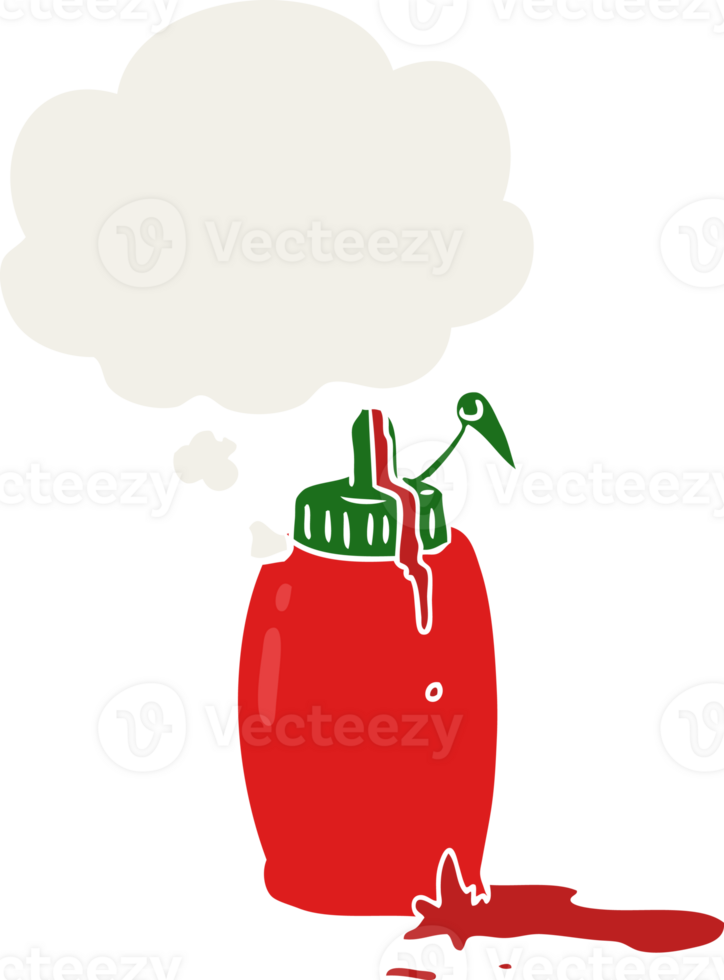cartoon ketchup bottle with thought bubble in retro style png