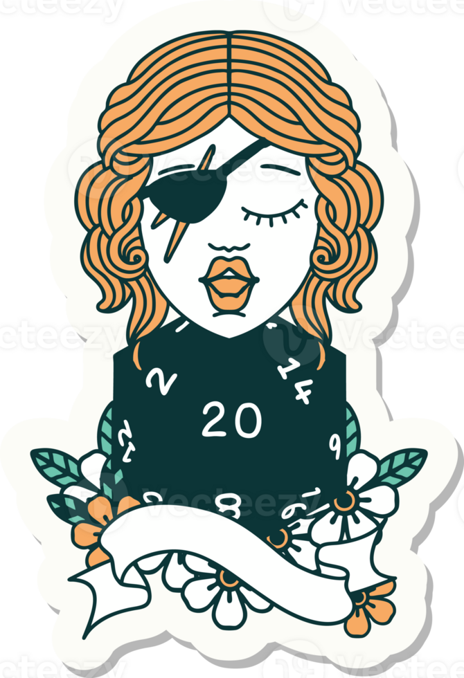 sticker of a human rogue with natural 20 dice roll png
