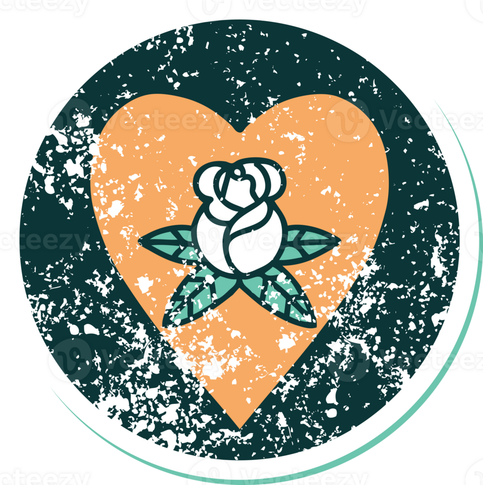 iconic distressed sticker tattoo style image of a heart and flowers png