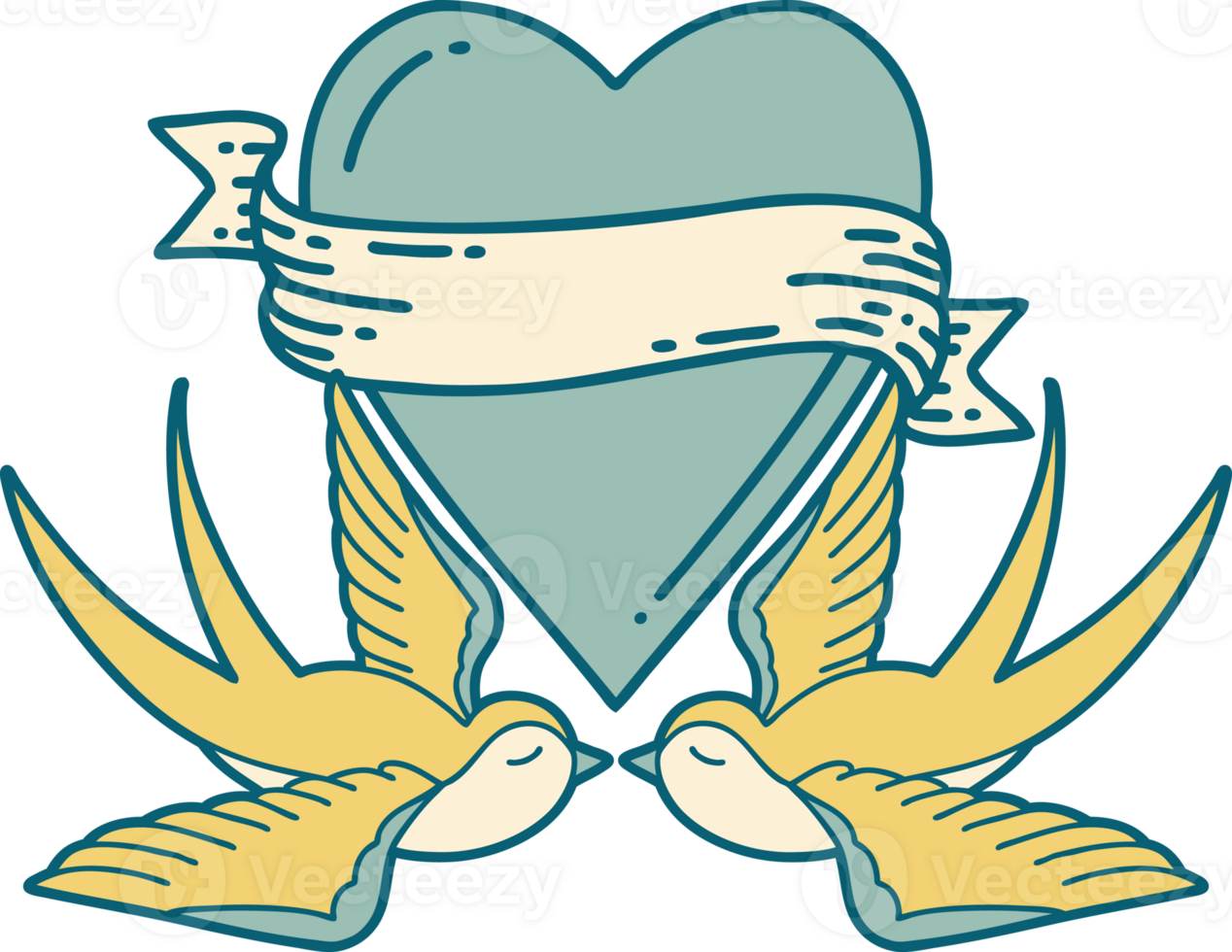 iconic tattoo style image of swallows and a heart with banner png