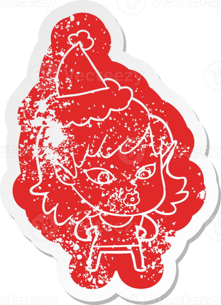 pretty quirky cartoon distressed sticker of a elf girl wearing santa hat png