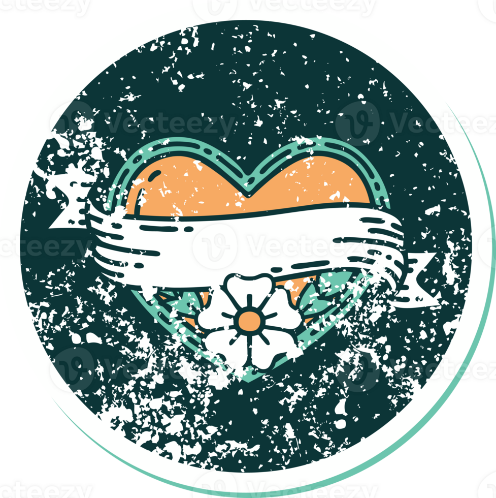 iconic distressed sticker tattoo style image of a heart and banner with flowers png