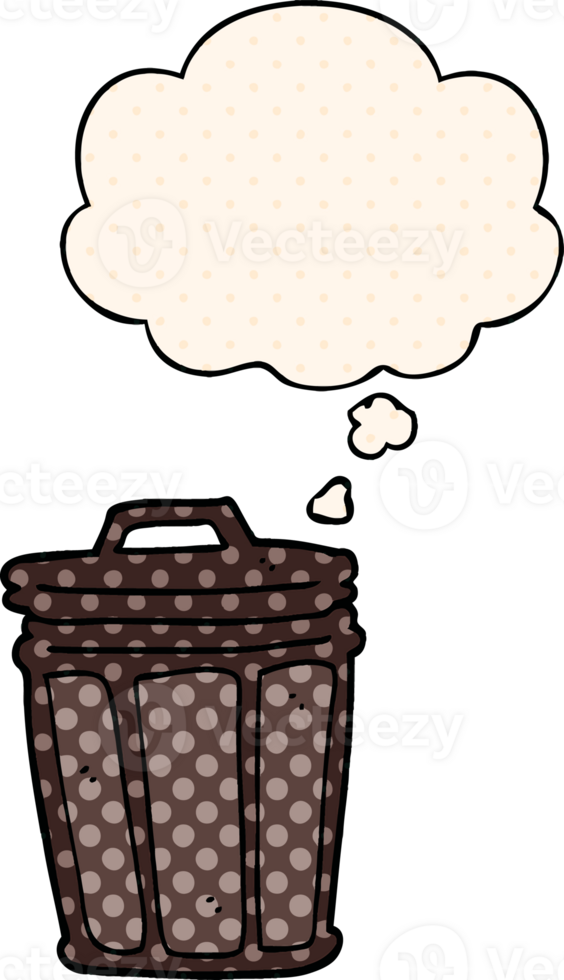 cartoon trash can with thought bubble in comic book style png