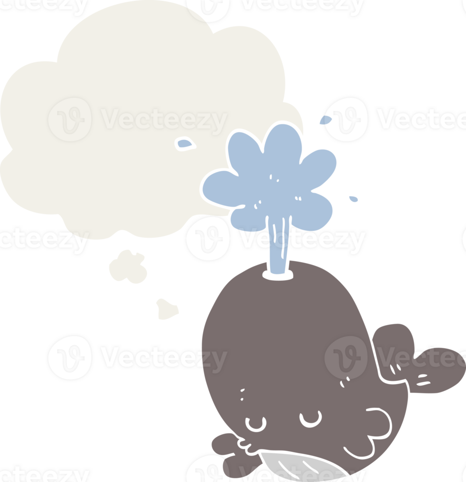 cartoon spouting whale with thought bubble in retro style png