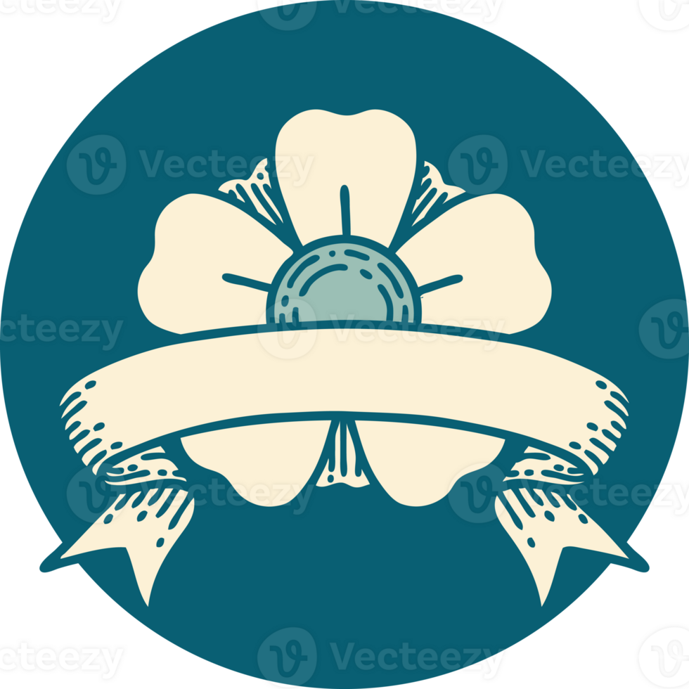 tattoo style icon with banner of a flower png