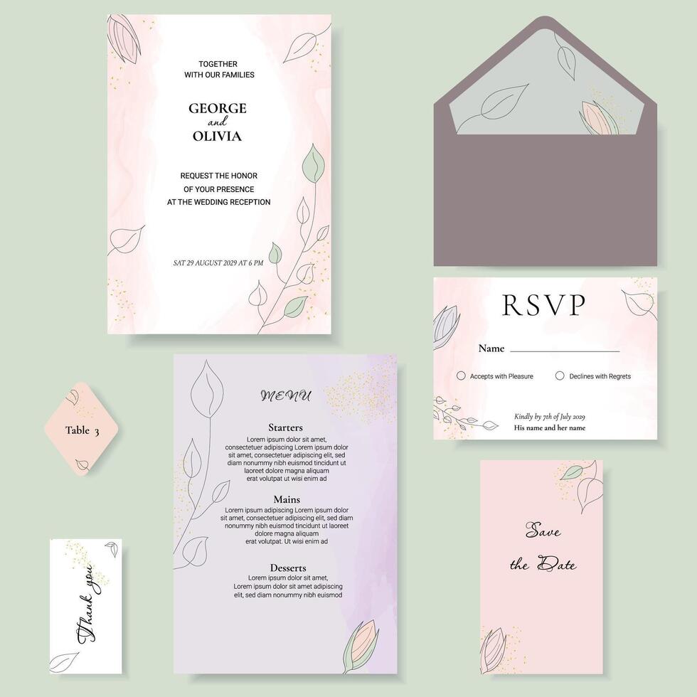 Elegant watercolor and leaves on wedding invitation card template vector