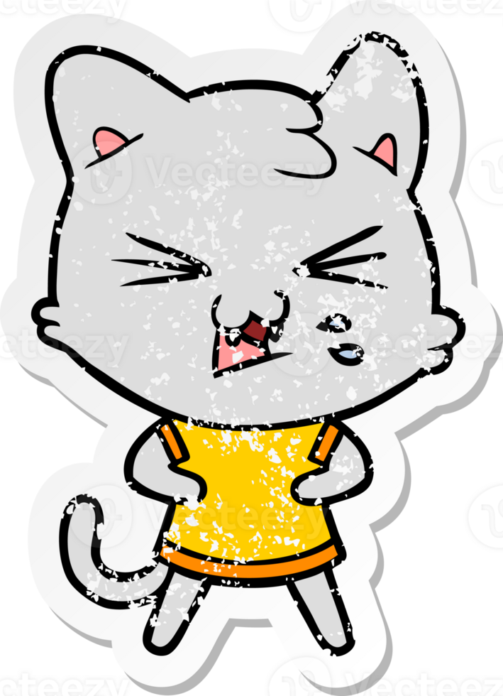 distressed sticker of a cartoon hissing cat png