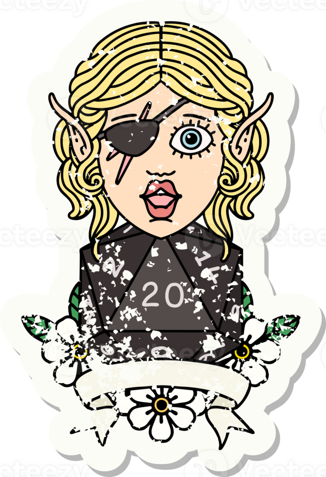 Retro Tattoo Style elf rogue character with natural twenty dice roll png