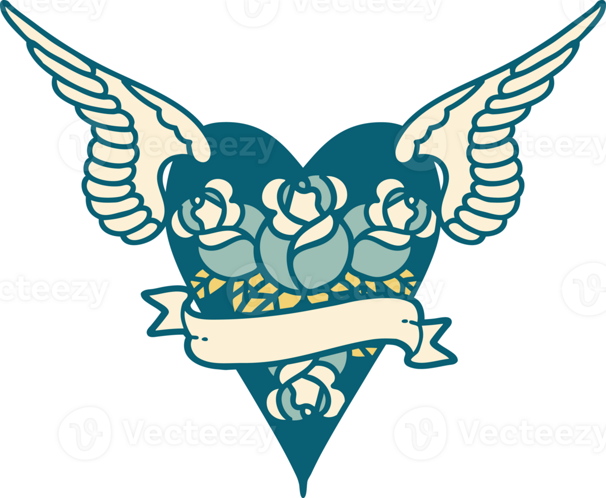 iconic tattoo style image of a flying heart with flowers and banner png