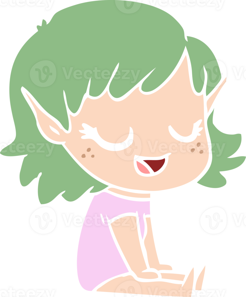 happy flat color style cartoon elf girl sitting on floor png