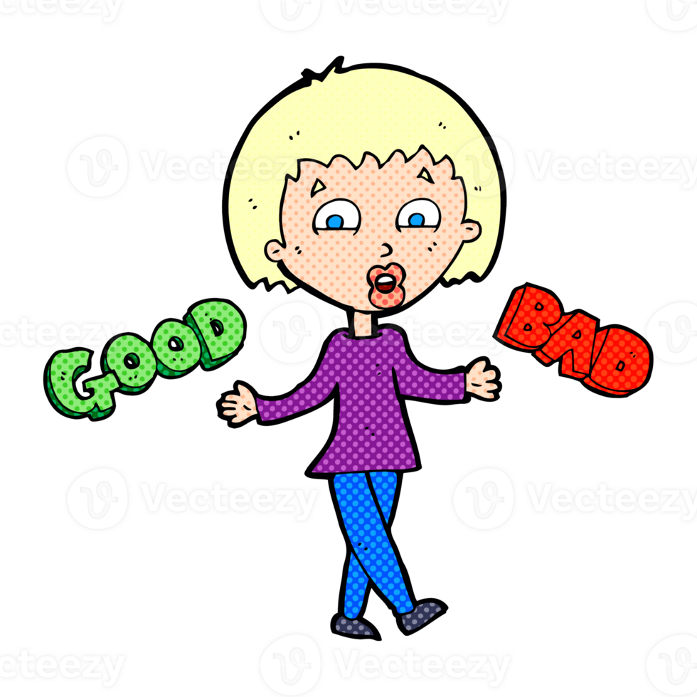 cartoon woman weighing up good and bad options png