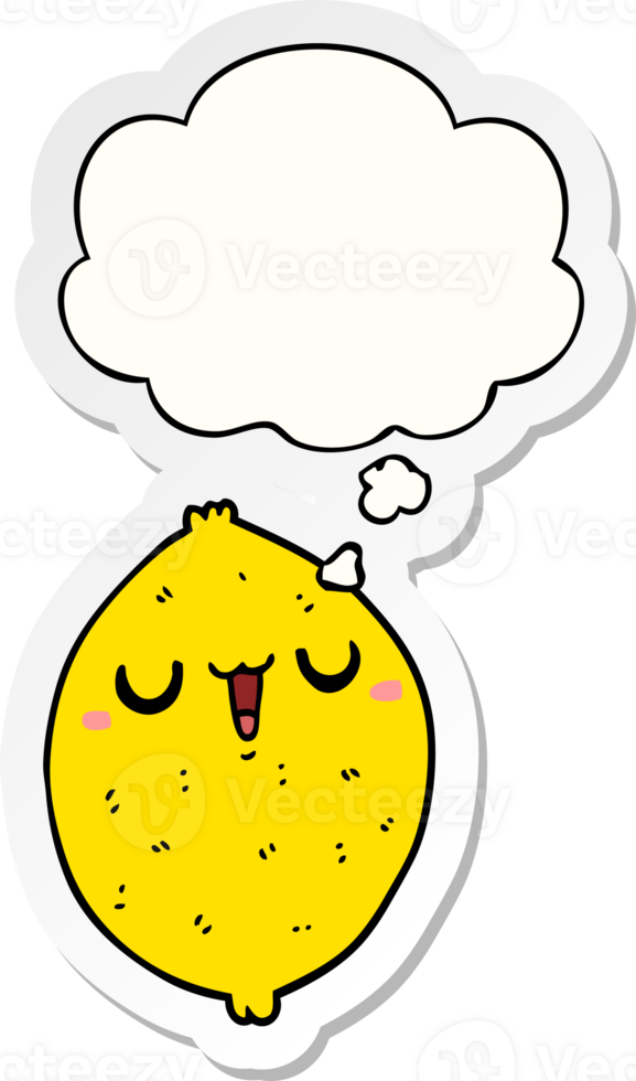 cartoon happy lemon with thought bubble as a printed sticker png