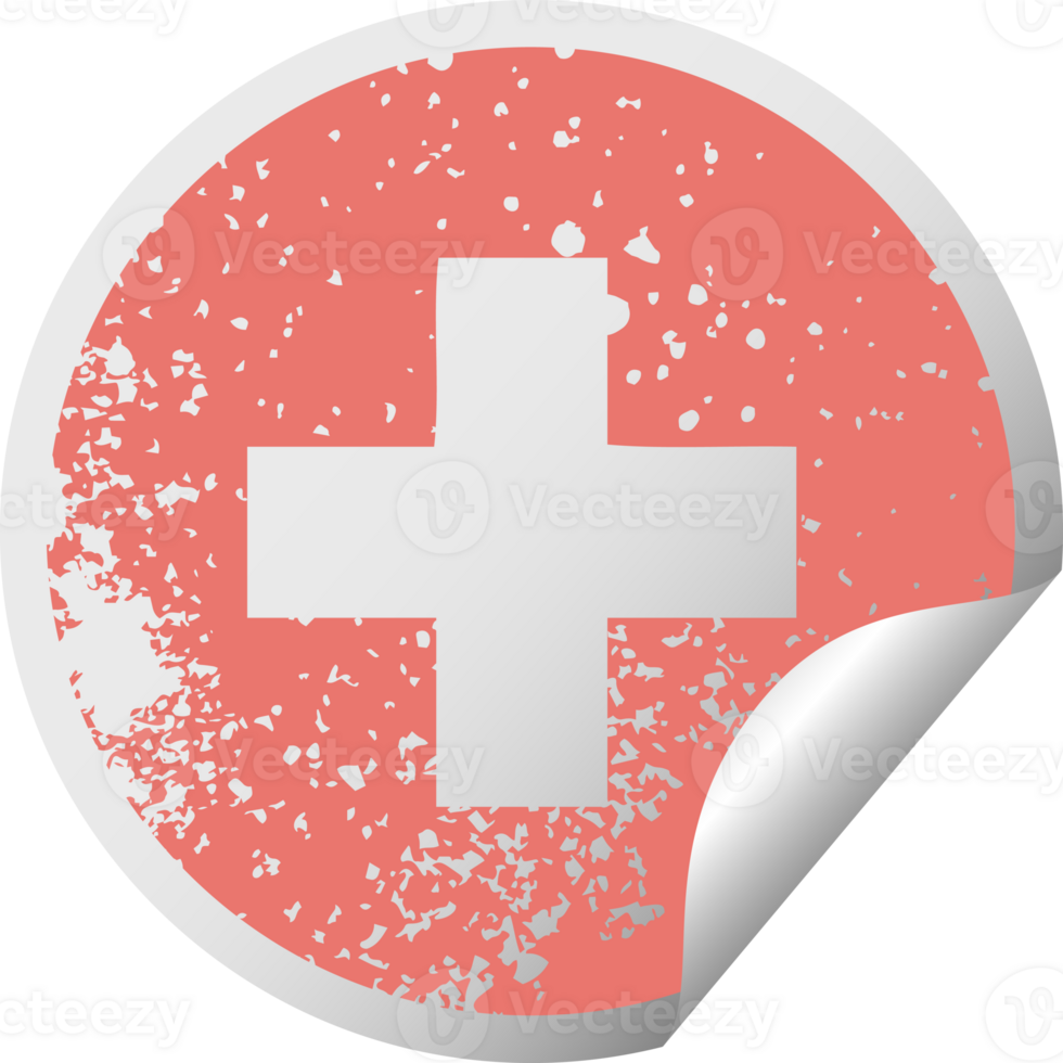 distressed circular peeling sticker symbol of a addition symbol png