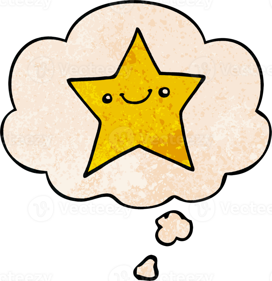 happy cartoon star with thought bubble in grunge texture style png