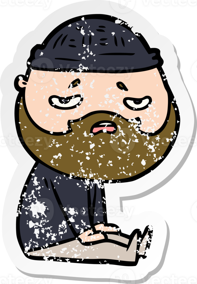 distressed sticker of a cartoon worried man with beard png
